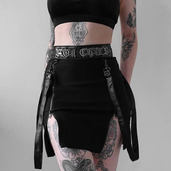black Dark Punk Goth Double Zip Slit Skirt for Women for wholesale on Faire