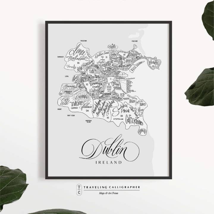 Impresión del mapa postal del vecindario de Dublín, Irlanda para venta al por mayor de Traveling Calligrapher