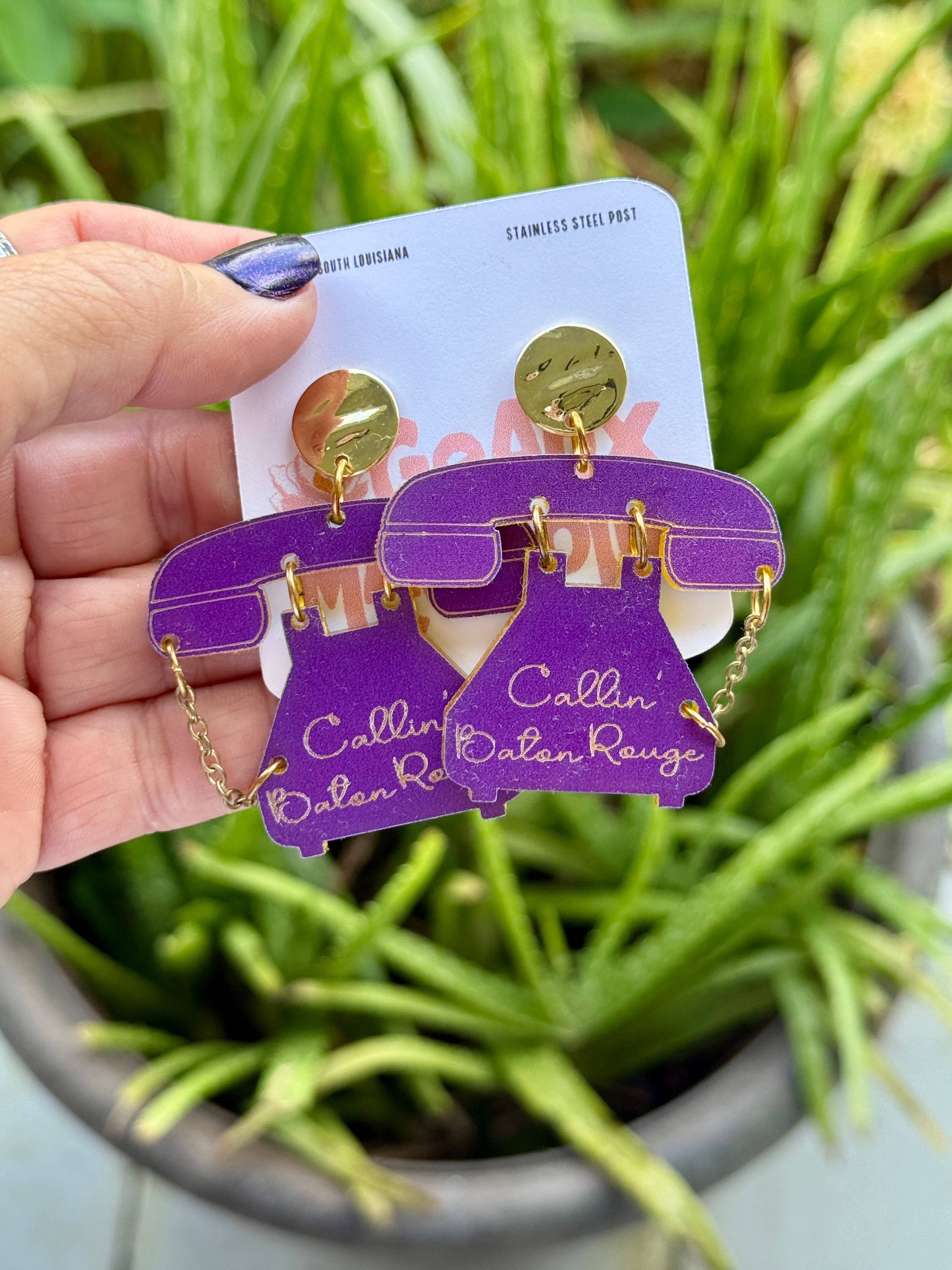 Geaux Magnolia - Wholesale Dangle Earrings - Callin’ Baton Rouge Retro Phone Dangle Earrings LSU Tigers1