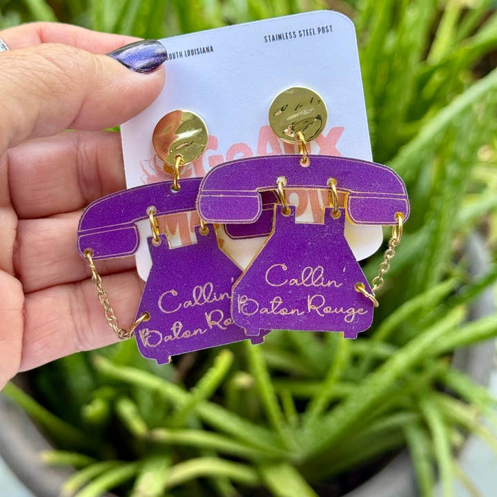 Geaux Magnolia - Wholesale Dangle Earrings - Callin’ Baton Rouge Retro Phone Dangle Earrings LSU Tigers1