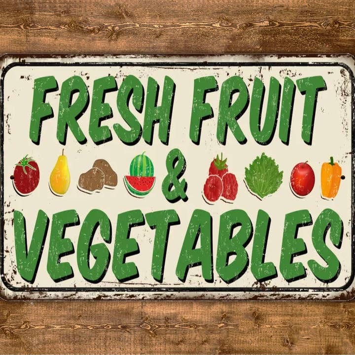 Färsk frukt och grönsaker tecken vintage stil för wholesale av Game Time Prints