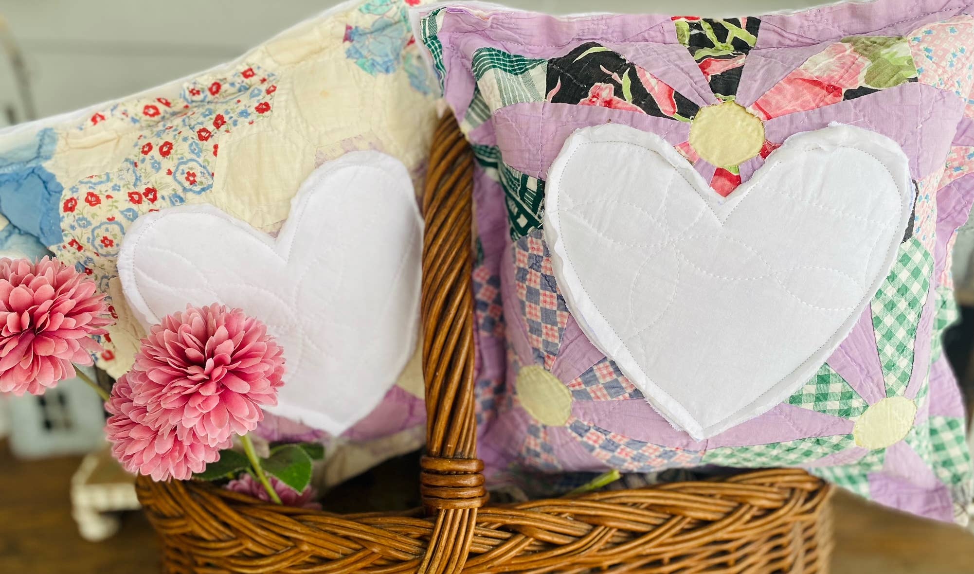 A Gnome on the Roam - Wholesale Throw/Decorative Pillow - Vintage Quilt Block Pillow with Heart Appliqué Cottagecore2