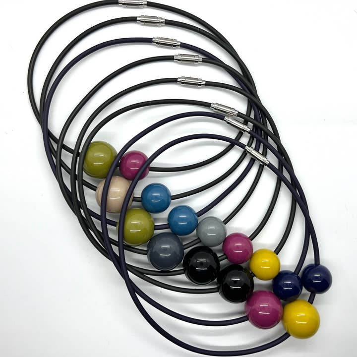 Alter Ego Designs - Wholesale Beaded/Pearl Necklace - AUTHENTICITY: Black & Fuchsia Spheres on Black Rubber Tubing