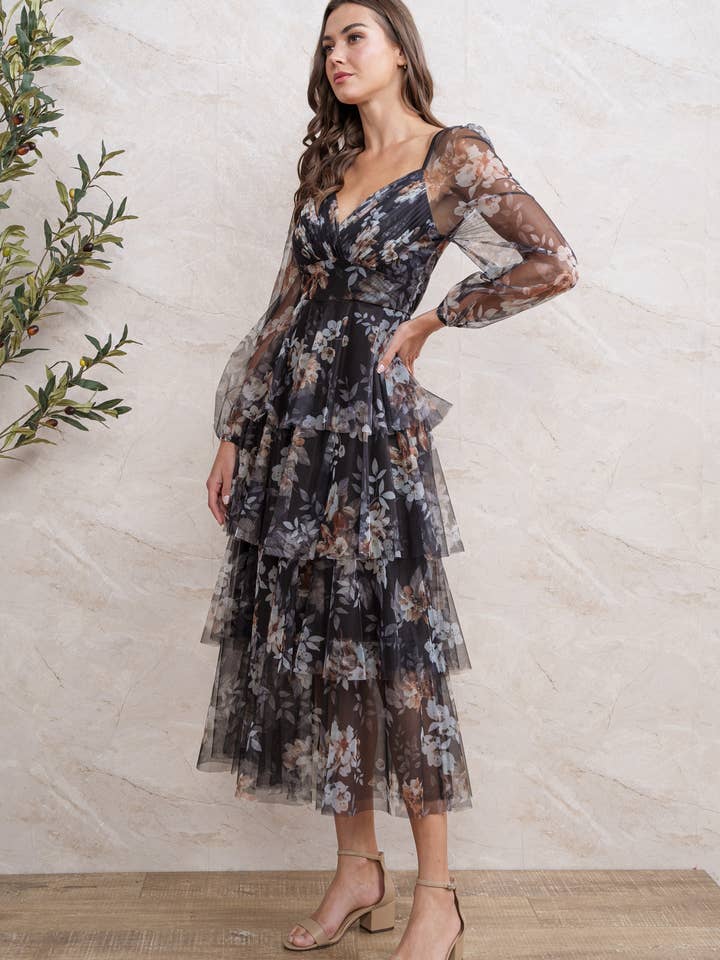 Rosemore Couture - Wholesale Dress - Women's - FLORAL PRINT PLEATED MIDI DRESS 1