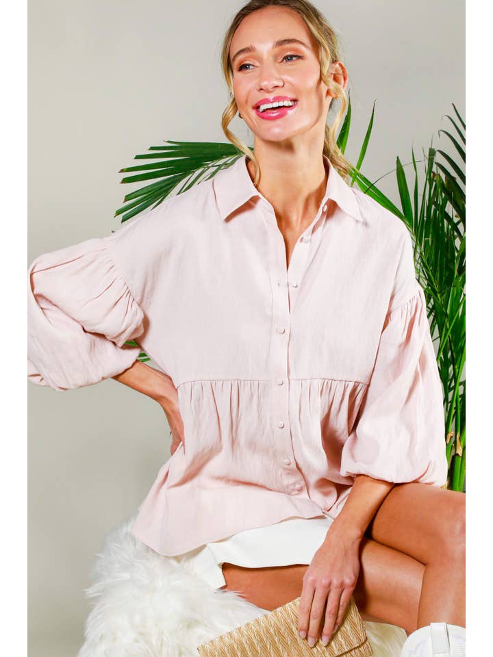 Vine & Love - Wholesale Blouse - Women's - Collared Balloon Sleeve Button-Up Blouse Shirt VT31805
