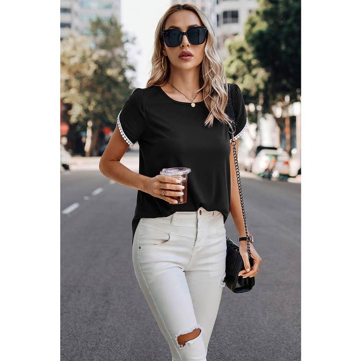 Supreme Fashion - Wholesale Blouse - Women's - Crewneck Short Sleeve Lace Trim Loose T Shirts