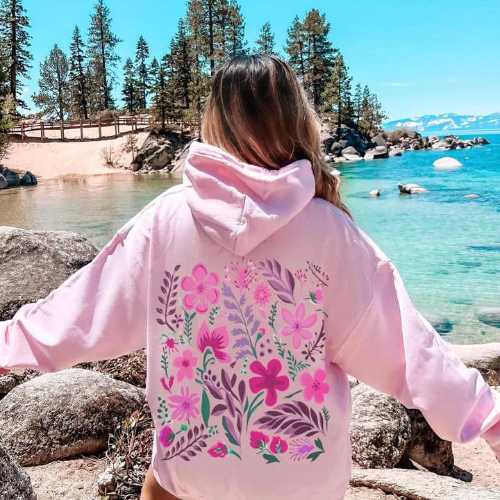 Pink Flower Hoodie | Beach Hoodie | Floral Graphic Hoodie for wholesale by Sisterly Gifts Shop