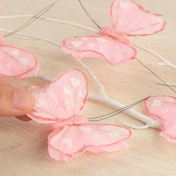 Factory Direct Craft - Wholesale Artificial Flowers - Pink Mesh and Glitter Valentine's Day Butterflies
