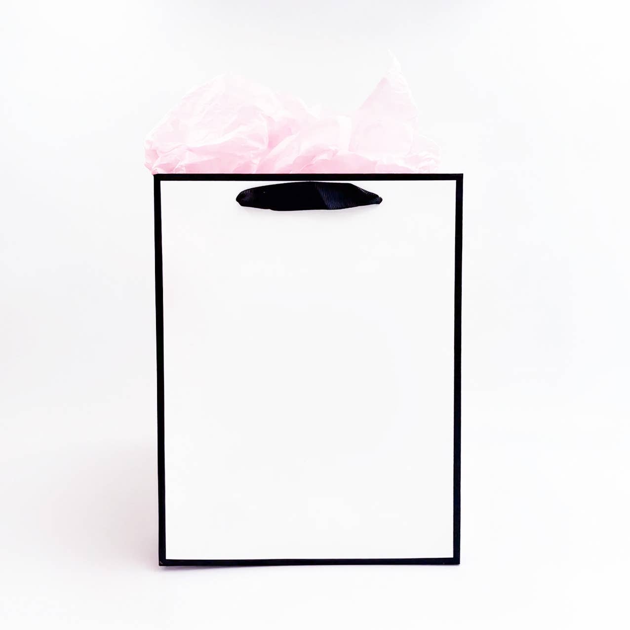 ByHome - Venta al por mayor Bolsas de celofán - Bolsa de regalo blanca con borde negro y papel de seda gratis0