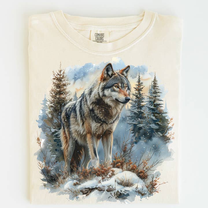 Retro Winter Wolf Mountain Shirt - Printed On Comfort Colors for wholesale by Madi Moosh
