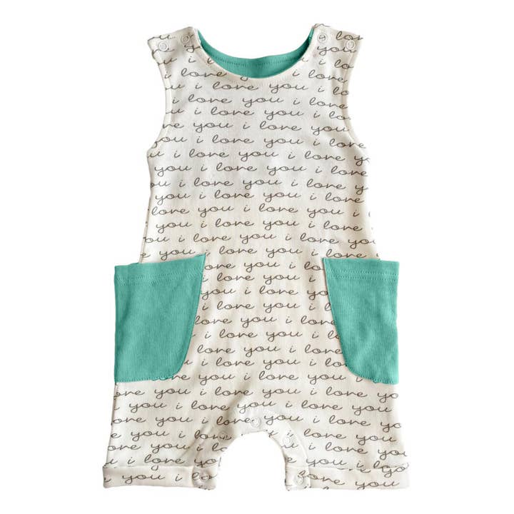 GOTS Certified Organic Cotton Sleeveless Romper - I Love You (Mint) for wholesale by Cat & Dogma