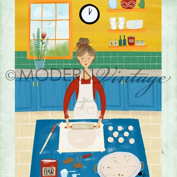 Modern Vintage Design Studio - Wholesale Art print - 11x14 Lady Rolling Lefse Illustrated Print1