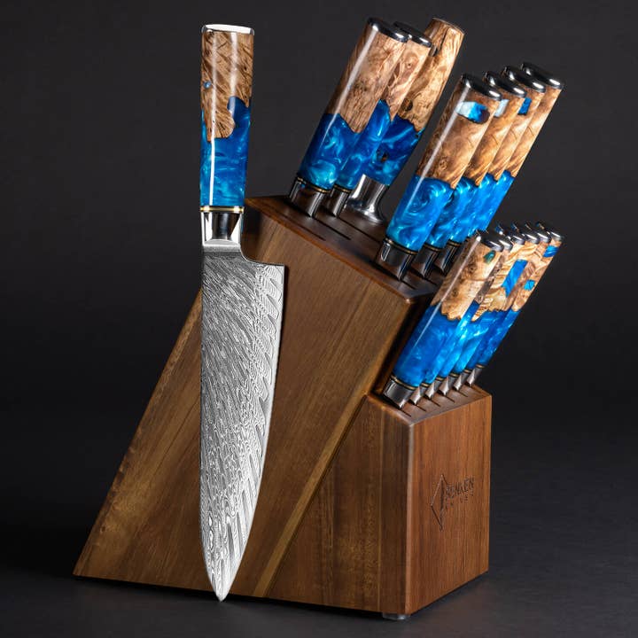 "Tsunami" 15-Piece Japanese Damascus Steel Knife Block Set for wholesale by Senken Knives