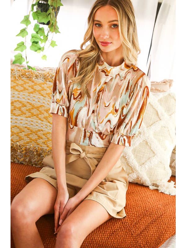 Vine & Love - Vente Haut en maille – femme - Haut en maille à manches courtes bouffantes ouvertes avec col montant VT8116718