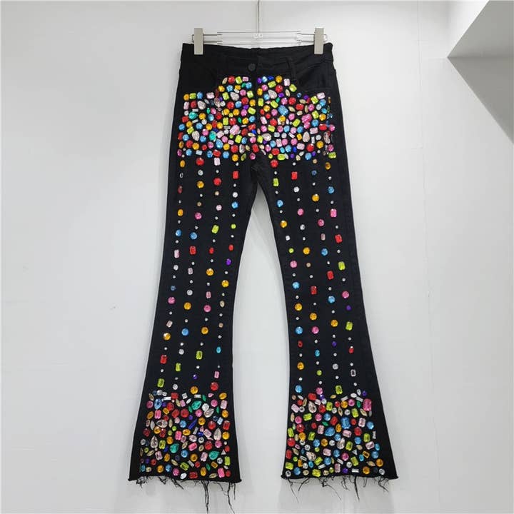 Black PT020Y Hand made-Beaded High Waist Flare Jeans for wholesale on Faire