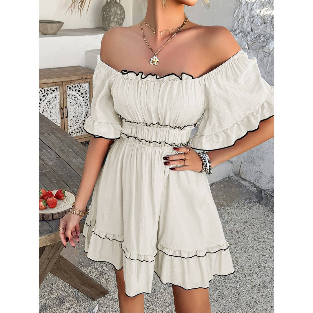 UNISHE - Vendita all'ingrosso Vestito - Donna - Abito a tinta unita con orlo a balze, scollo quadrato e maniche corte DY33411