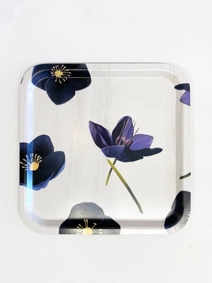 Swedish Serving Tray: Black Hellebore on Snow Square for wholesale by India & Purry by Jessica Hollander