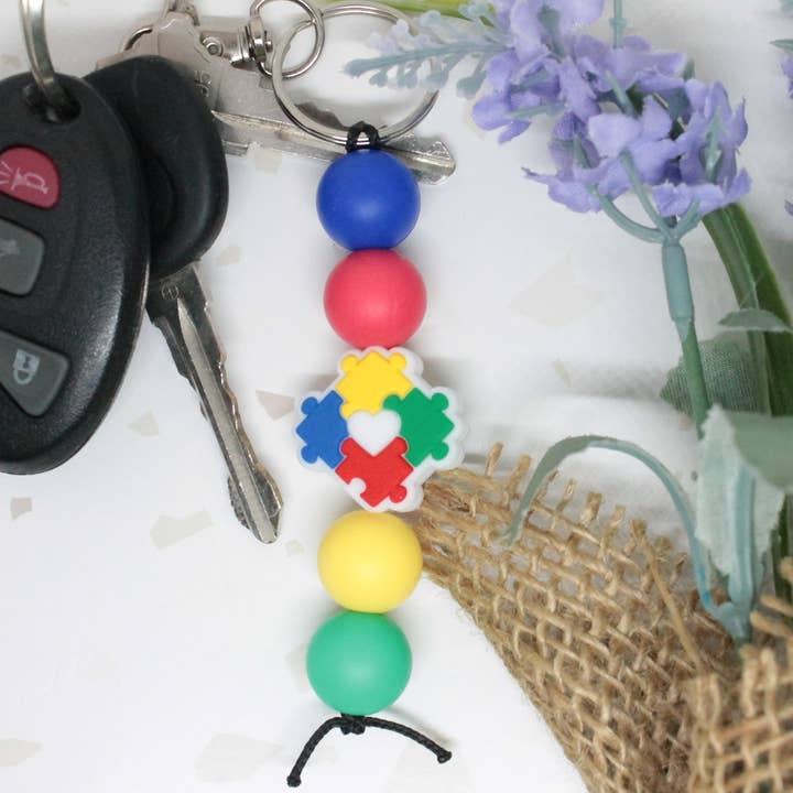 Autism Puzzle Piece Silicone Beaded Keychain for wholesale by Kaysticks.co