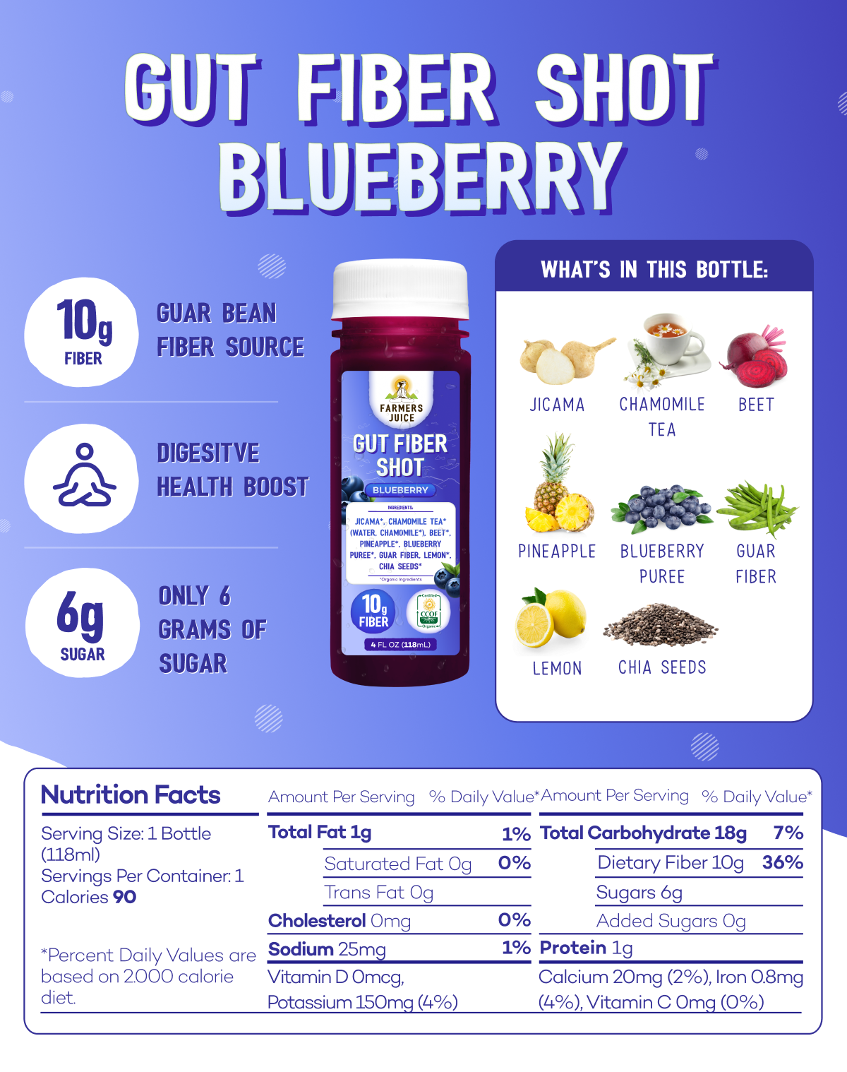 Farmer's Juice - Wholesale Wellness Juice/Tonic - Gut Fiber Shot Blueberry | 24 Shots1