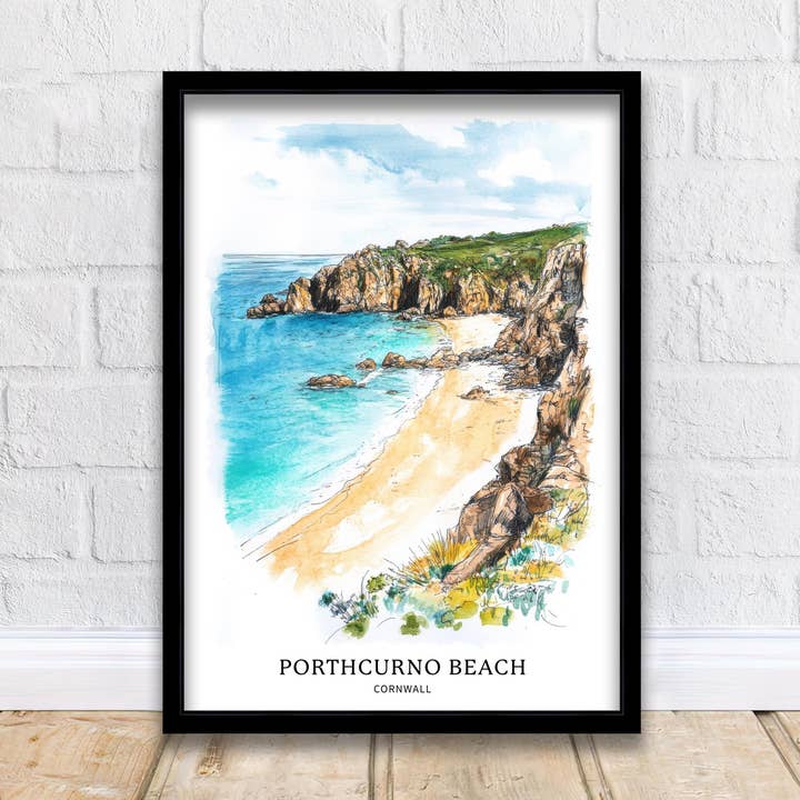 Pintura em Aquarela da Praia de Porthcurno Arte da Praia da Cornualha Poster de Porthcurno Decoração Cênica à Beira-mar por atacado de InkNPrintz