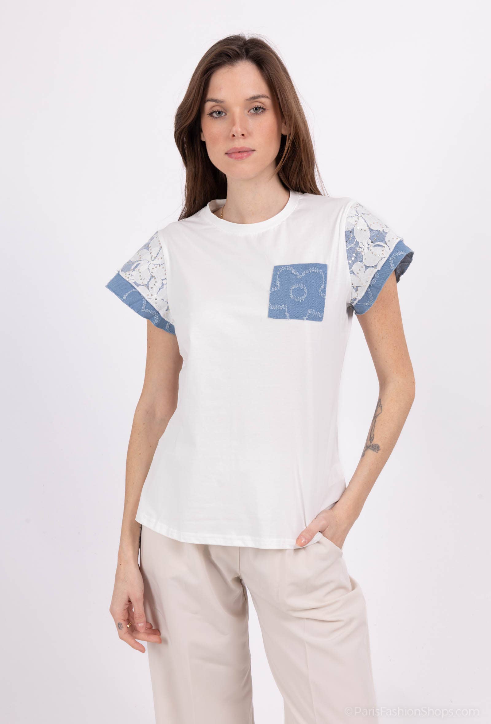 White T-shirt 95% cotton with denim pocket and lace PT2502 for wholesale on Faire1