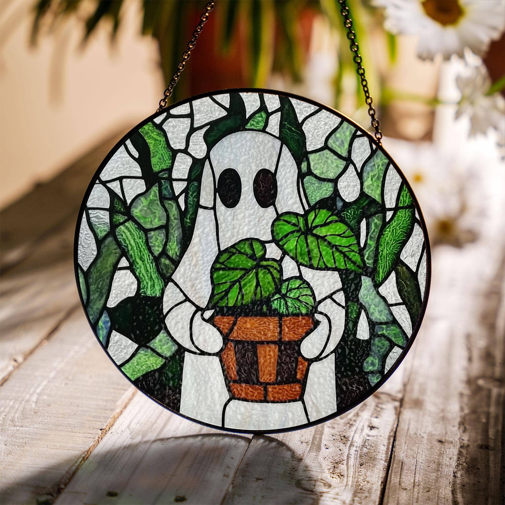 NVC Ecommerce LLC - Vente Attrape-soleil - Attrape-soleil en vitrail fantôme avec plante, fenêtre d'Halloween1