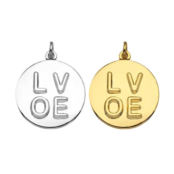 Ciondoli rotondi con finitura in oro lucido 18 carati, ciondoli LOVE in rilievo, ciondolo moneta rotonda, fascino oro, ciondoli collana fai da te, 20mm, Sku #Y275 per la vendita all'ingrosso da parte di BestBeads&Beyond