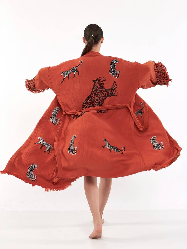 Burnt Orange Leopard Print Robe Animal Print Kimono Robe for wholesale by Yaz Concepts