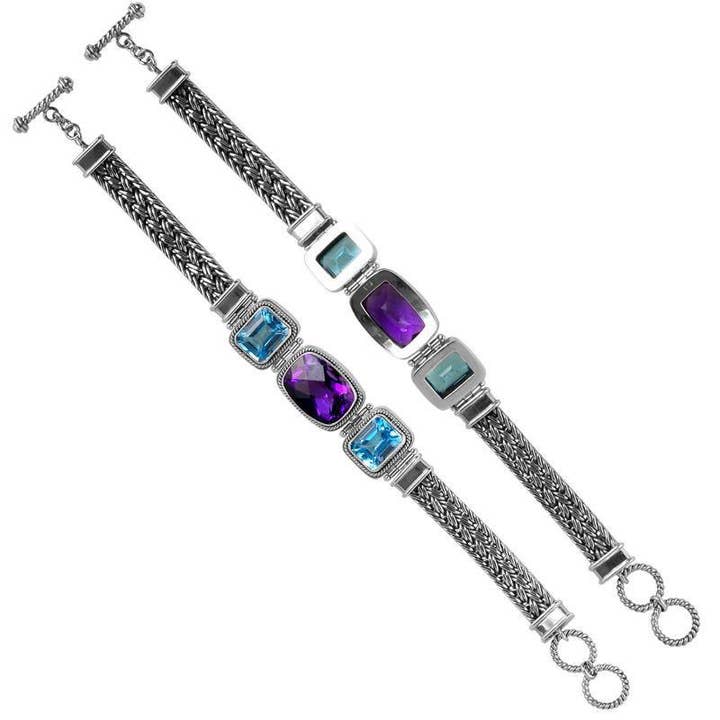 SB-1786-CO2 Sterling Silver Amethyst Quartz, Blue Topaz Quartz, And Swiss Blue Quartz Multi-Stone Artisan Bracelet With Faceted Centerpieces And Braided Chain Design | Wholesale Collection for wholesale by Bali Designs