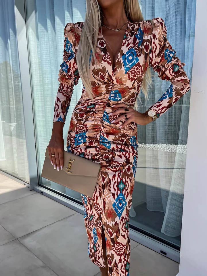 Lucy Abstract Print Bodycon Ruched Midaxi Dress-Brown for wholesale by Catwalk Wholesale