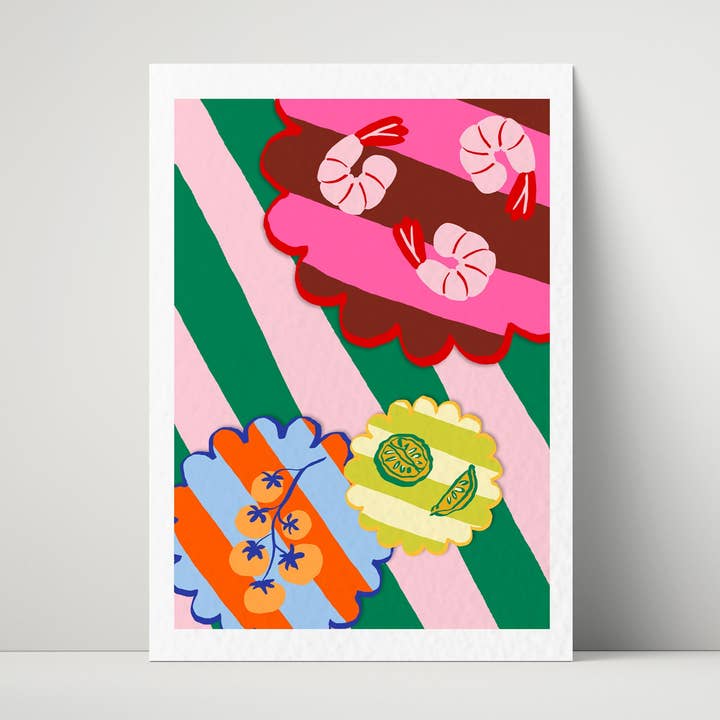 Platos de Cena de Gambas, Limones, Tomates Impresión Artística para venta al por mayor de Maddison Ball Creative