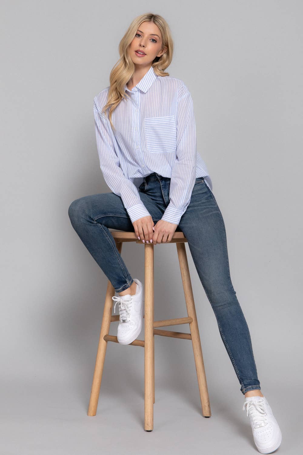 Active Basic | Active USA - Wholesale Button Down Shirt - Women's - Long Sleeve Y/D Stripe Voile Shirt0