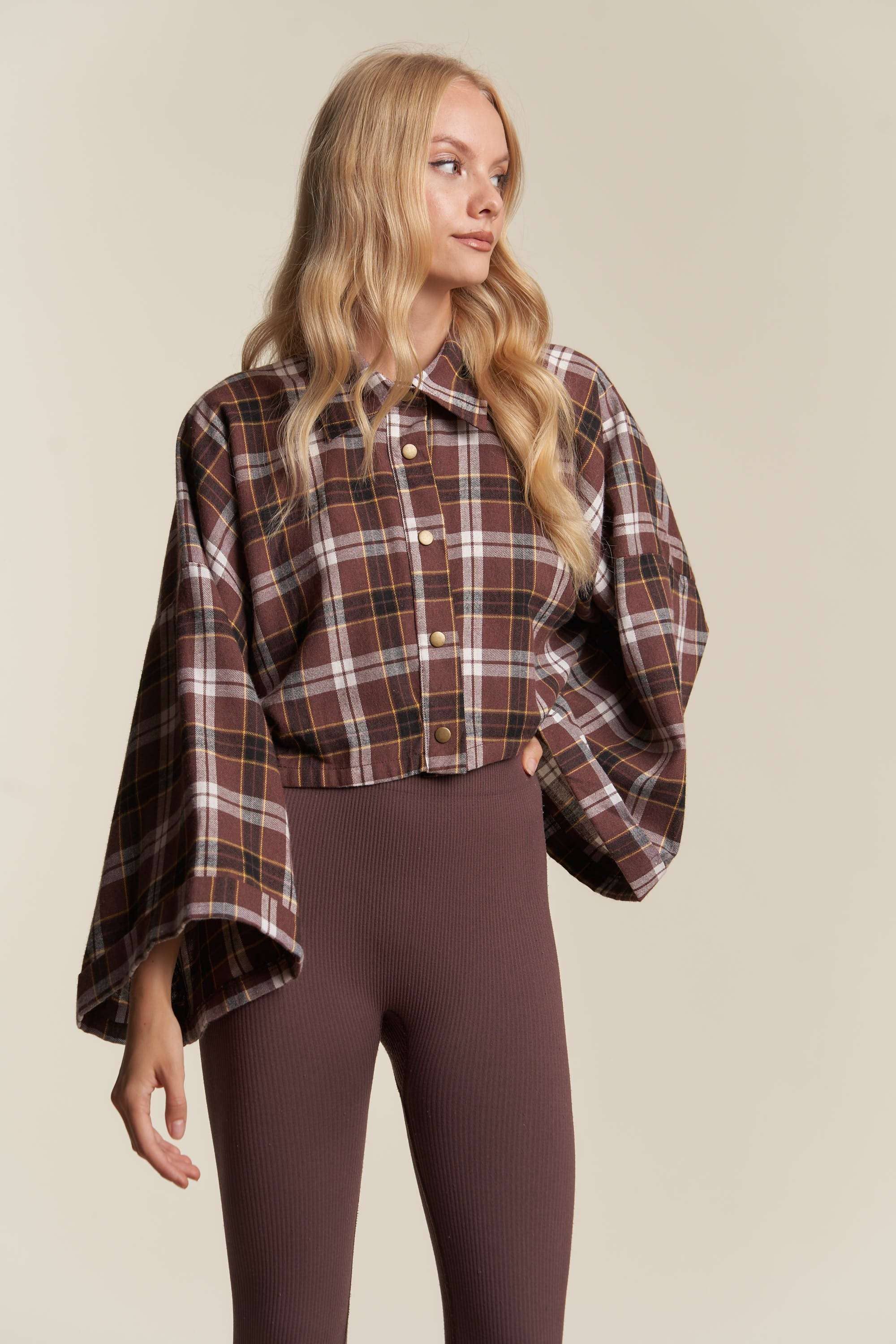 BROWN COMBO WIDE SLEEVE SNAP BUTTON DOWN PLAID SHIRT JACKET for wholesale on Faire10