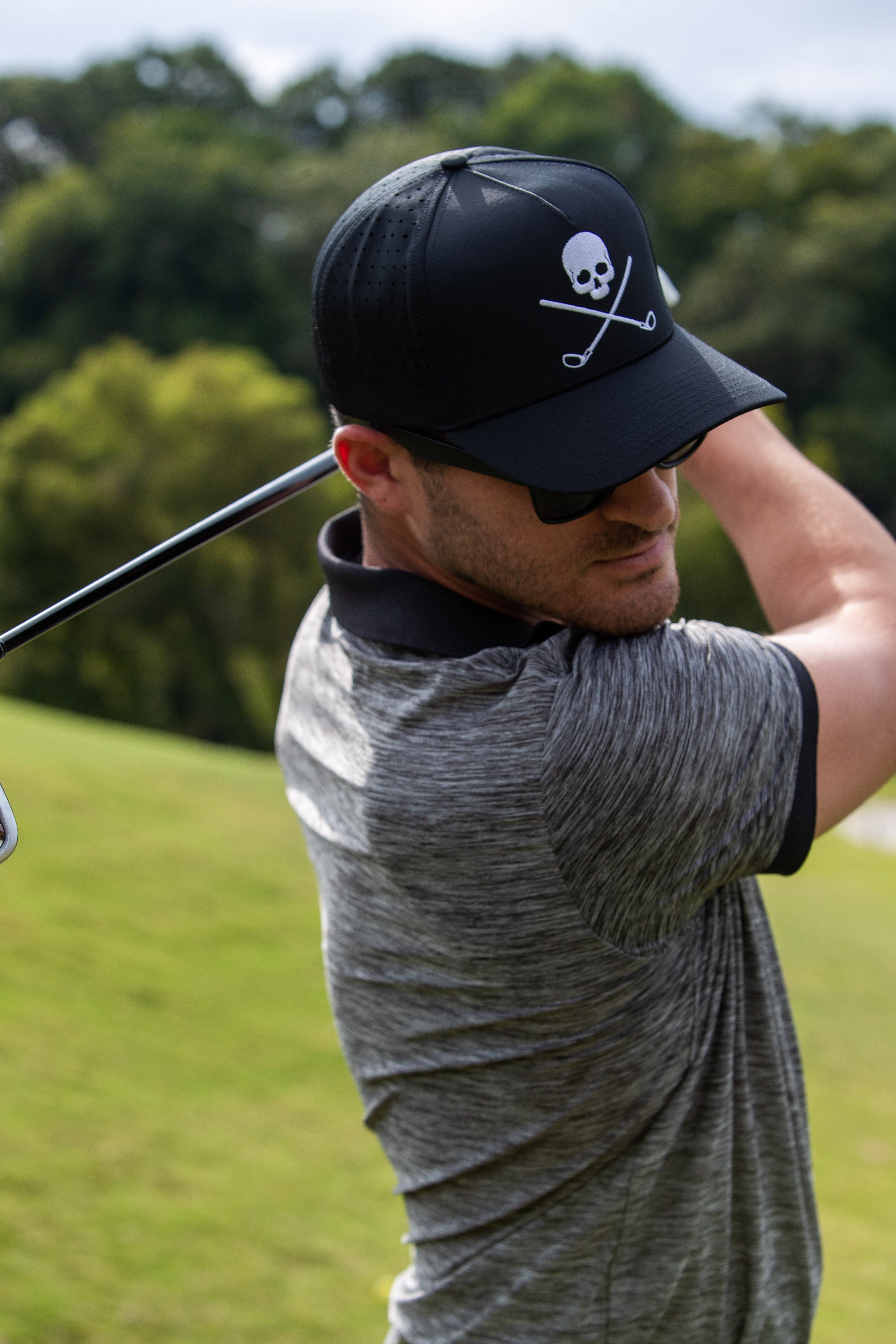 Shank It Golf - Vente Casquette de camionneur – unisexe - Casquette de golf noire avec tête de mort et os croisés3