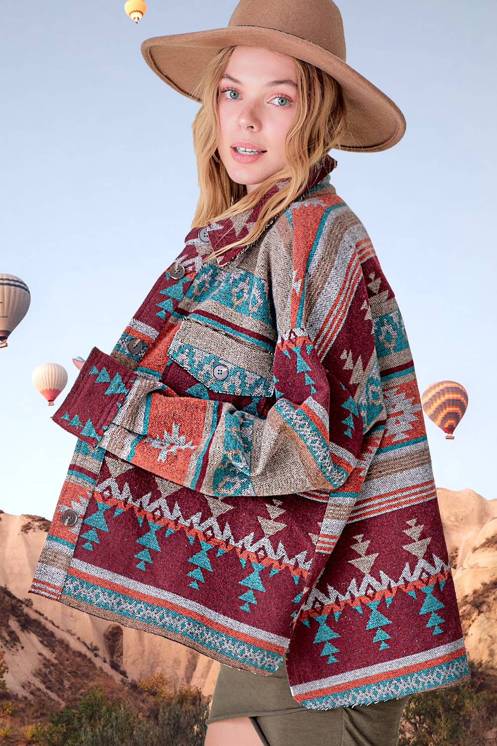 Rust Wine JKT1717-Aztec Pattern Long Sleeve Button Down Jacket for wholesale on Faire4