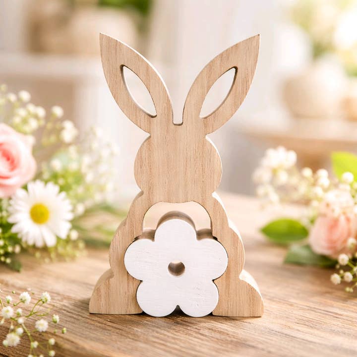 Wholesale Home Decor – Objeto de mesa decorativo por atacado – Coelho com Recortes de Flores em Esmalte 3D 18cm