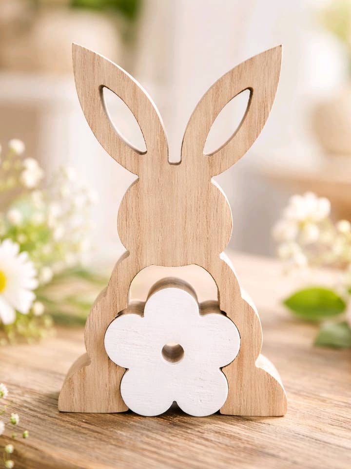 Bunny with Enamel Flower Cutouts 3D 7in for wholesale by Wholesale Home Decor