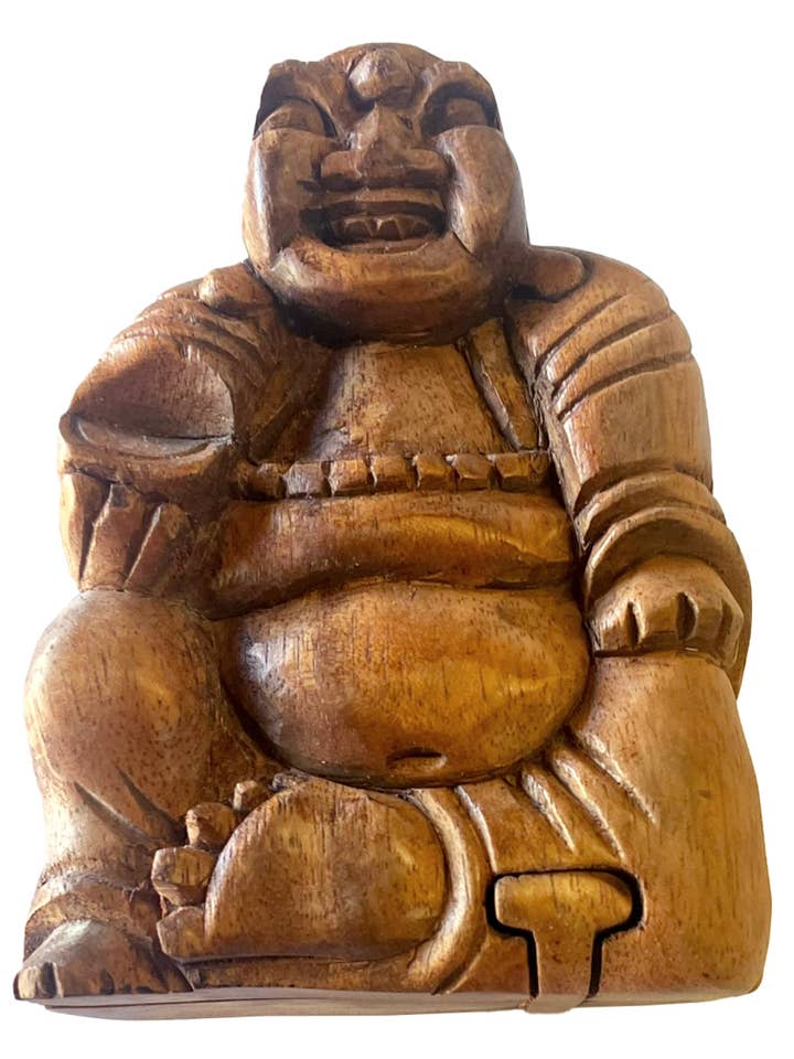 SALE Happy Budha Carved Wooden Puzzle Box for wholesale by Yak & Yeti