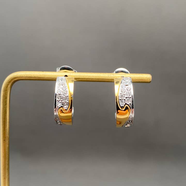 Mio Queena - Wholesale Hoop Earrings - CZ Inlaid Two Tone 18K Gold Plated S.Steel Post Earrings - FGS1