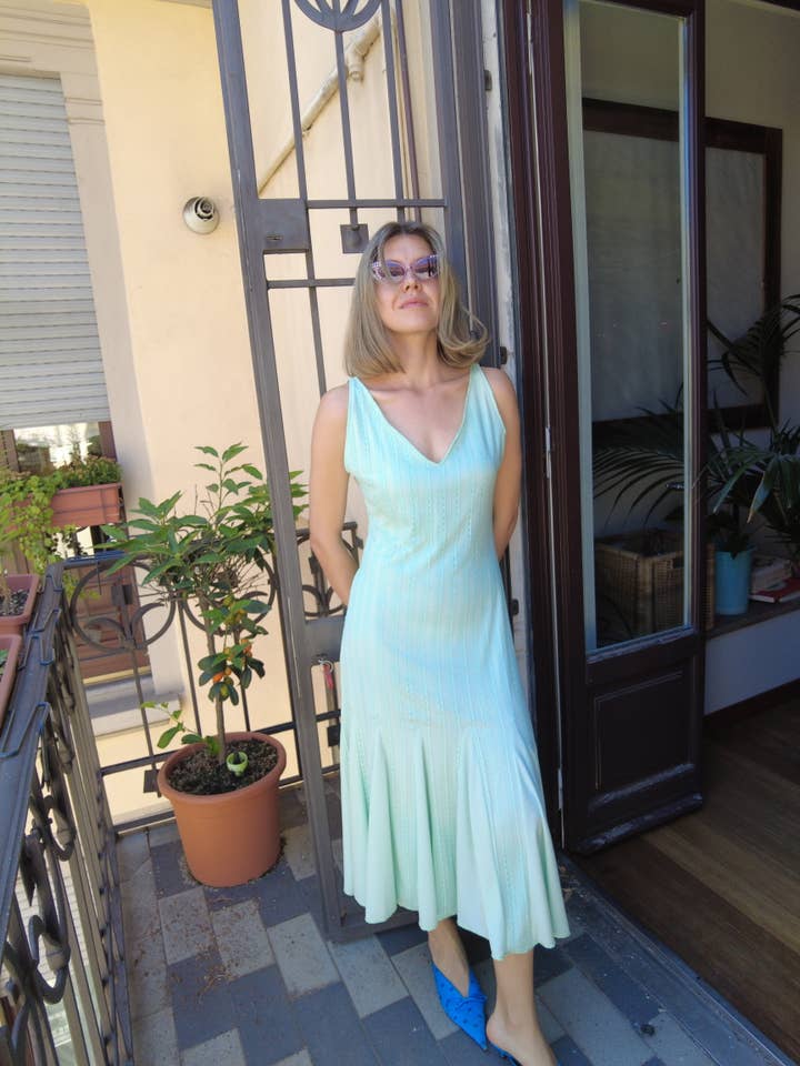 Vandgrøn Sommerstrikkjole for engroshandel hos Ladin Ozden