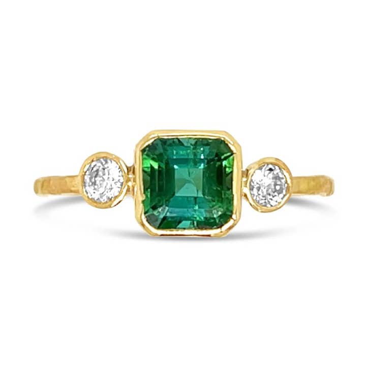 Ascher cut Green Tourmaline ring With Diamonds in 14k gold for wholesale by Emily Amey Jewelry