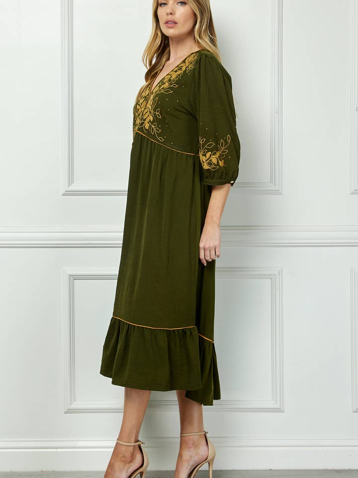 ARMY PIPED FRONT TIERED DRESS WITH EMBROIDERY for wholesale on Faire6