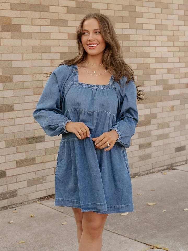 Dusk Blue Joplin Denim Mini Dress | Cotton Dress | Babydoll Dress for wholesale on Faire0