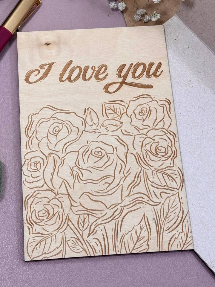 I Love You Wood Card| Unique Floral Greeting Card for wholesale by Wonders and Things