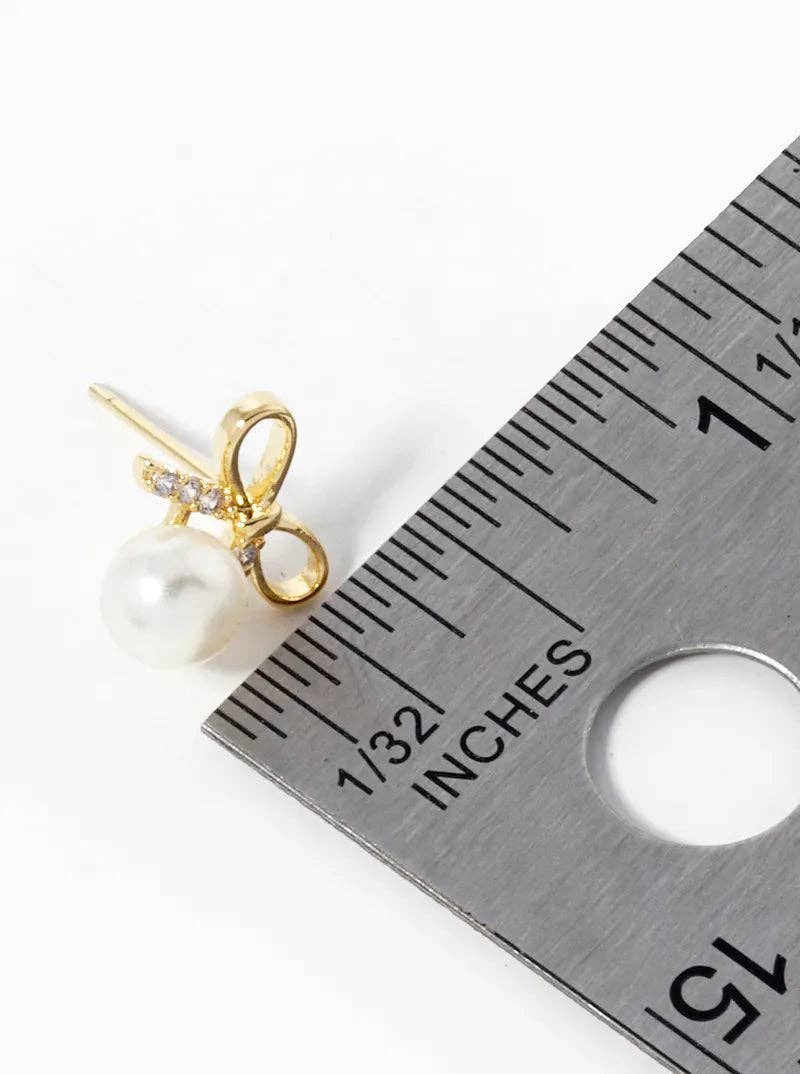 Wild Honey - Wholesale Stud/Post Earrings - 18K Gold Dipped Pearl Drop Cz Pave Ribbon Bow Stud Earrings0