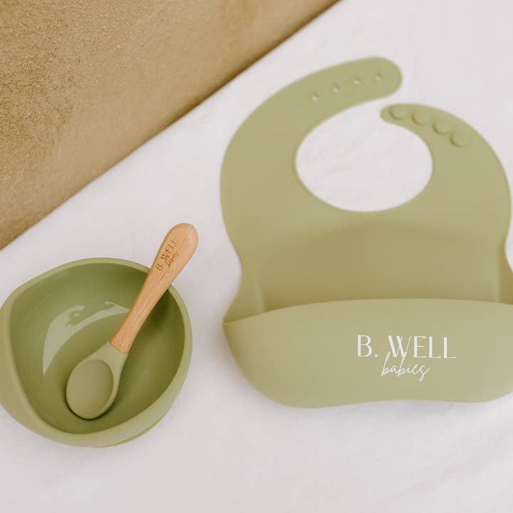 Silicone Bib, Bowl & Spoon Set | Olive You for wholesale by B. Well Babies