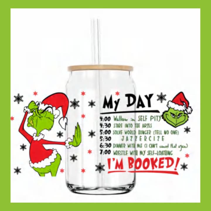 MySunshineCandless - Wholesale Drinking Glass/Cup - Christmas Grinch Cup 16oz Glass Can Cup With lid and Straw2