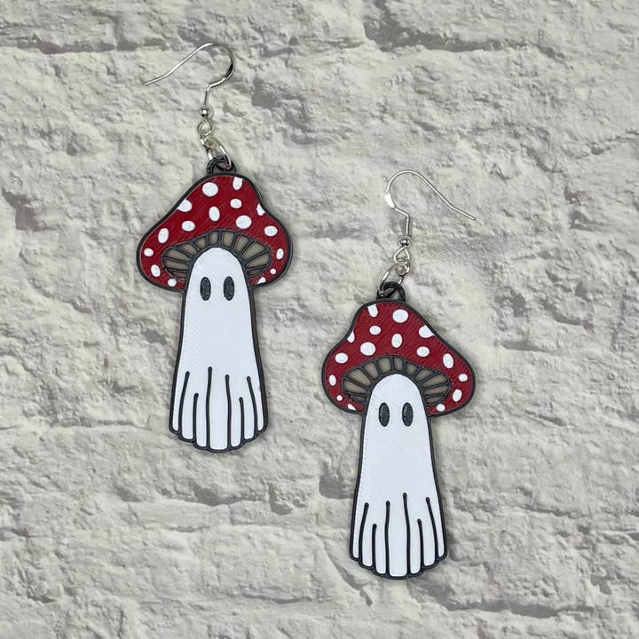 Ghost Mushroom Statement Earrings 3D Printed for wholesale by Cryptid Craft Studio