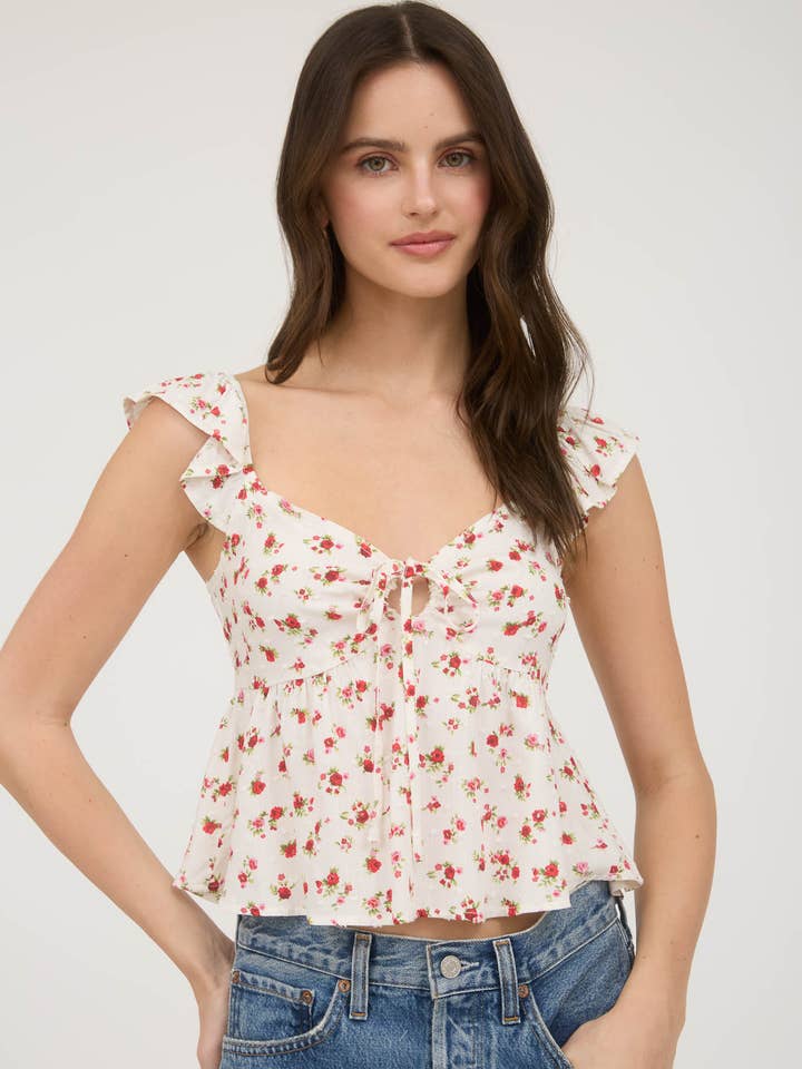 Blu Pepper - Wholesale Blouse - Women's - FLORAL CLIP DOT FRONT TIE WITH CUT-OUT CROP TOP11