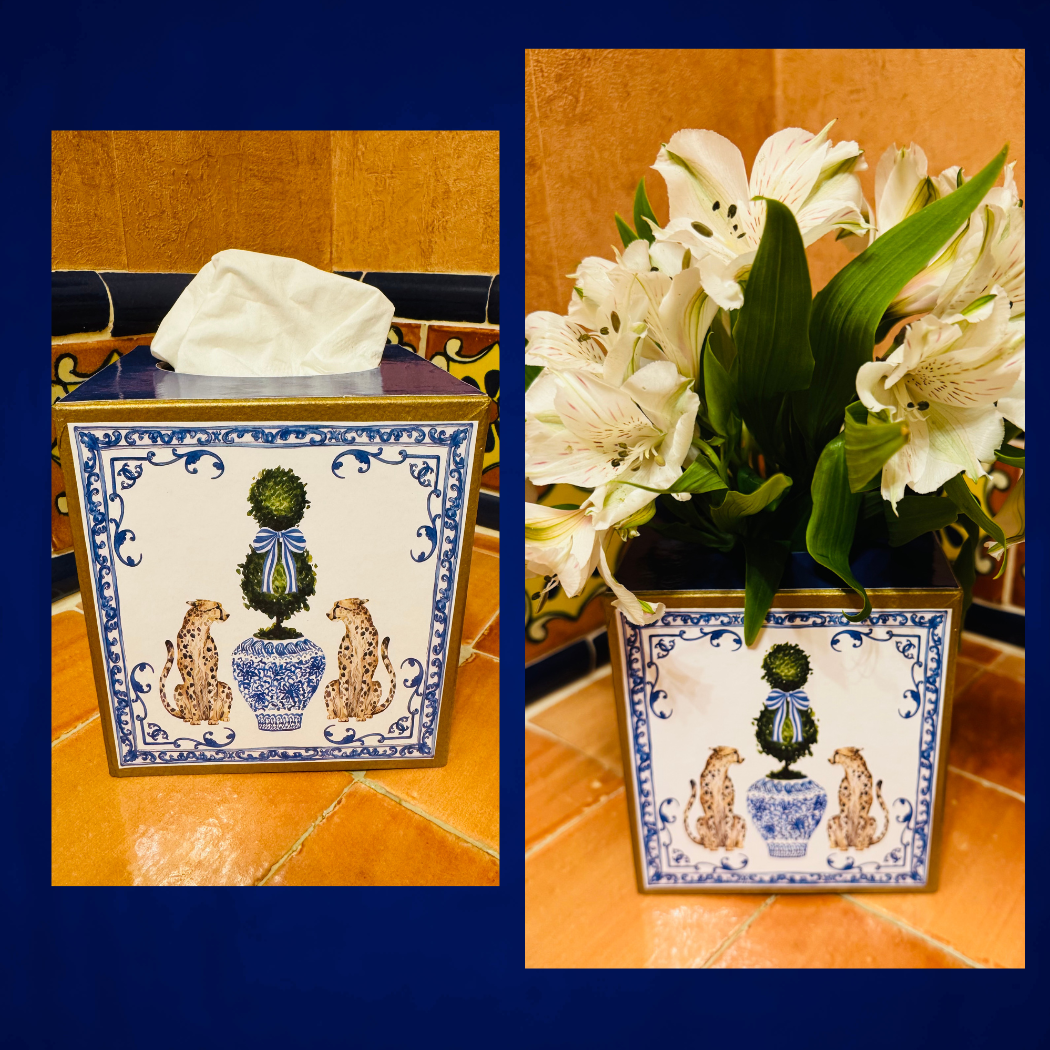 TOPICS IN THE TROPICS - Wholesale Tissue Box - Paper mache Kleenex box with leopards and chinoiserie1